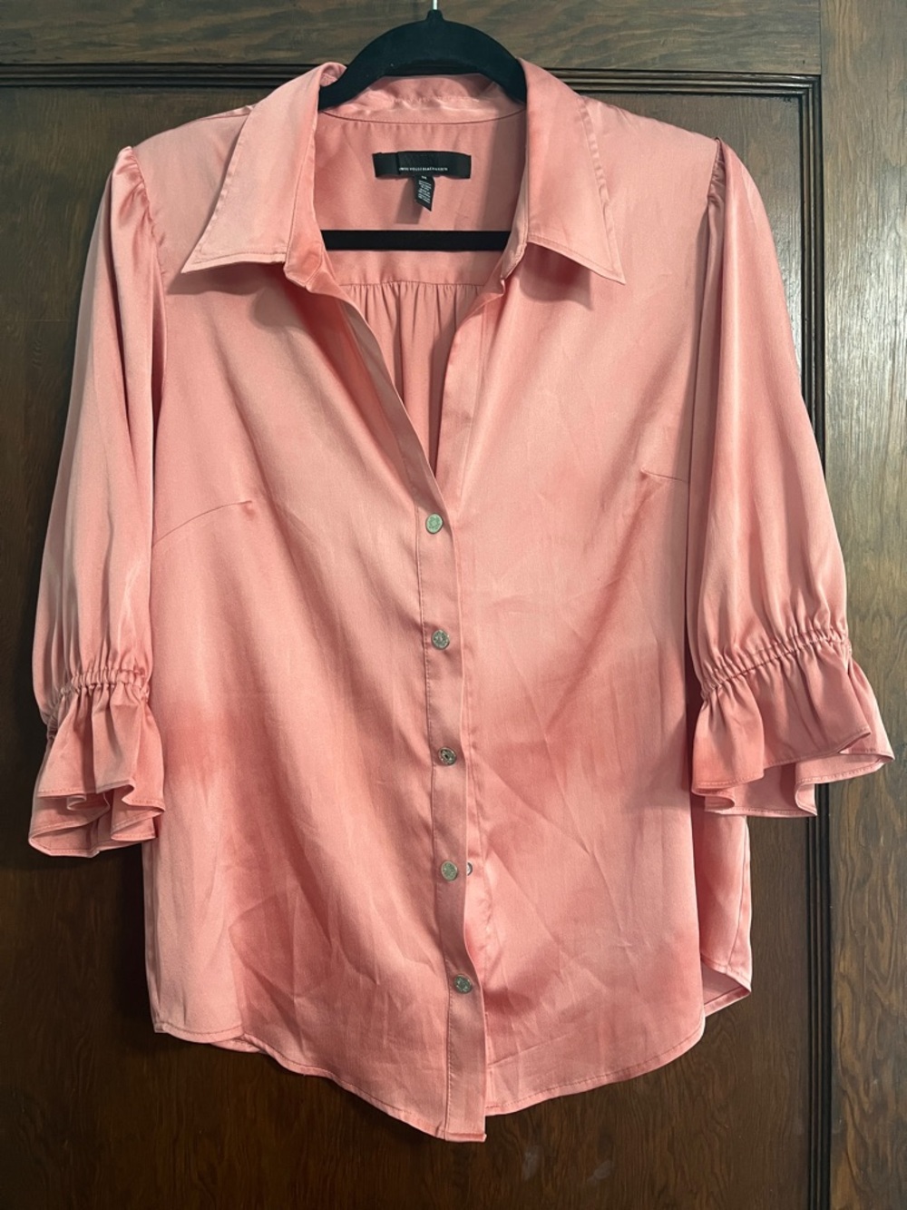 White House Black Market Peach Button-Front Blouse with Ruffle Sleeves